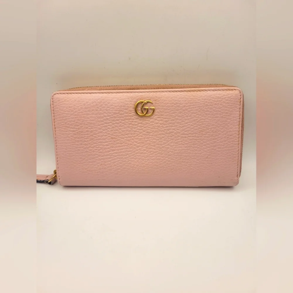 GUCCI Light Pink Leather GG Marmont Gold Hardware Zip Around Large Wallet